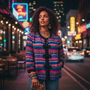 Vtg Women's Silk Multicolored Striped Jacket 16 Bows Maximalist Dopamine Twee